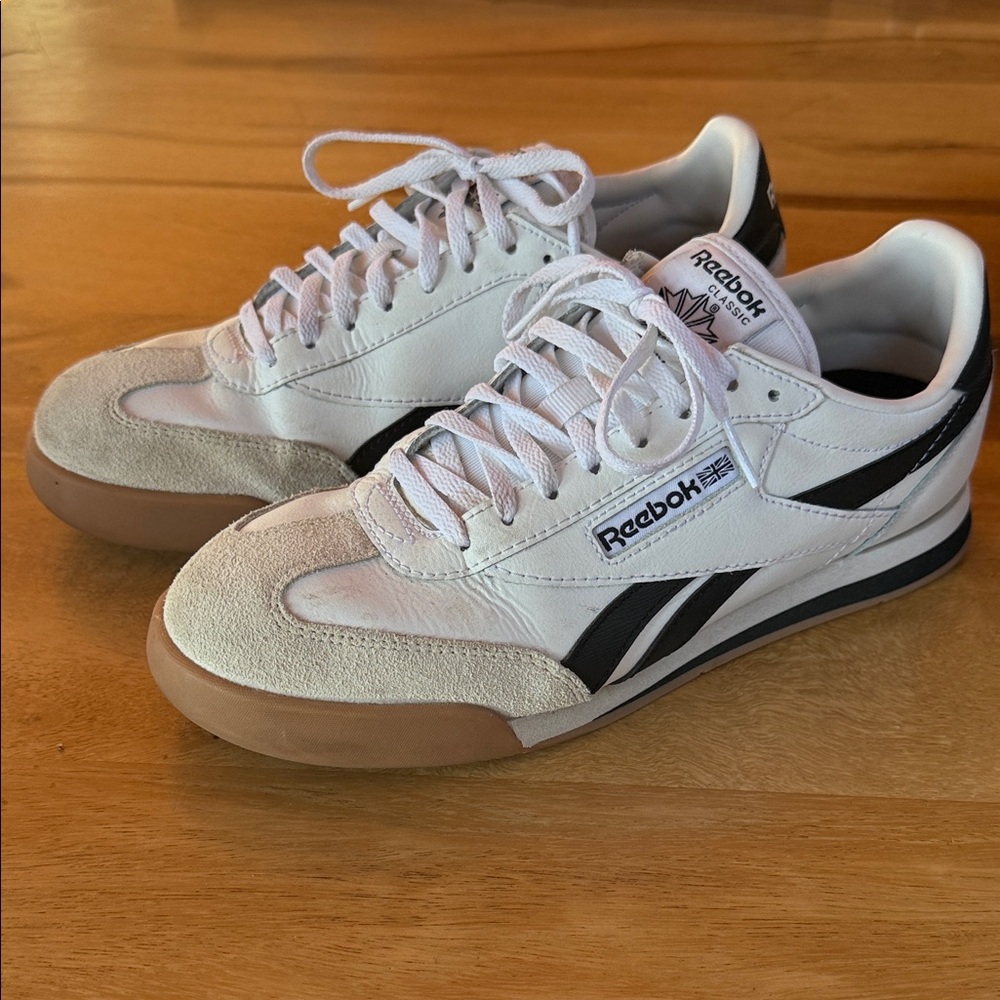 Reebok Classic White and Black Sneakers with Beige Accents